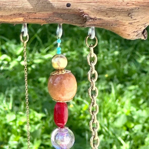 Handcrafted Amber Glass Bottle Wind Chime with Colorful Beads - Picture 2 of 9